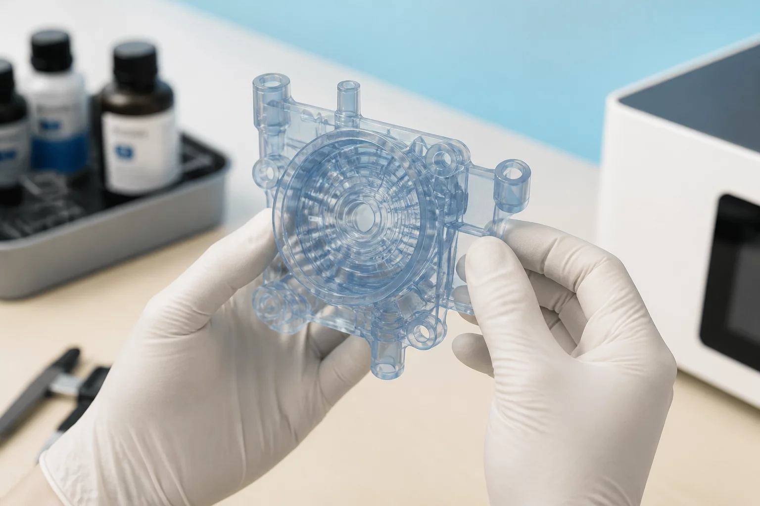 Quality inspector holding a high-precision transparent resin 3D printed part
