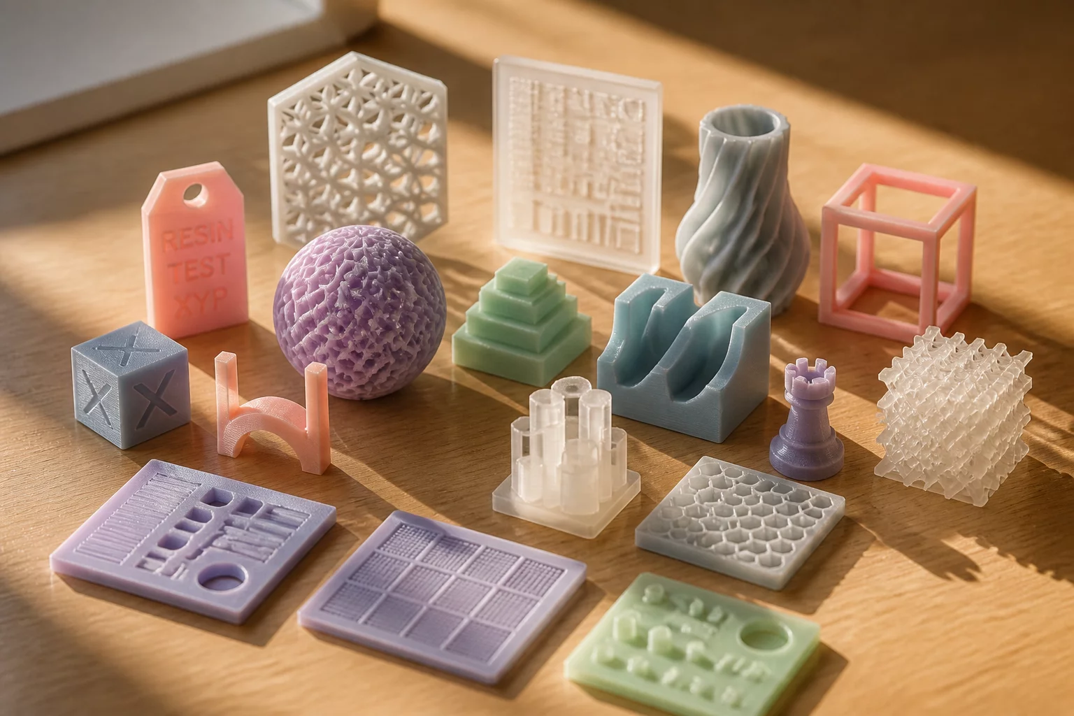 Various resin test samples lined up showing different finishes