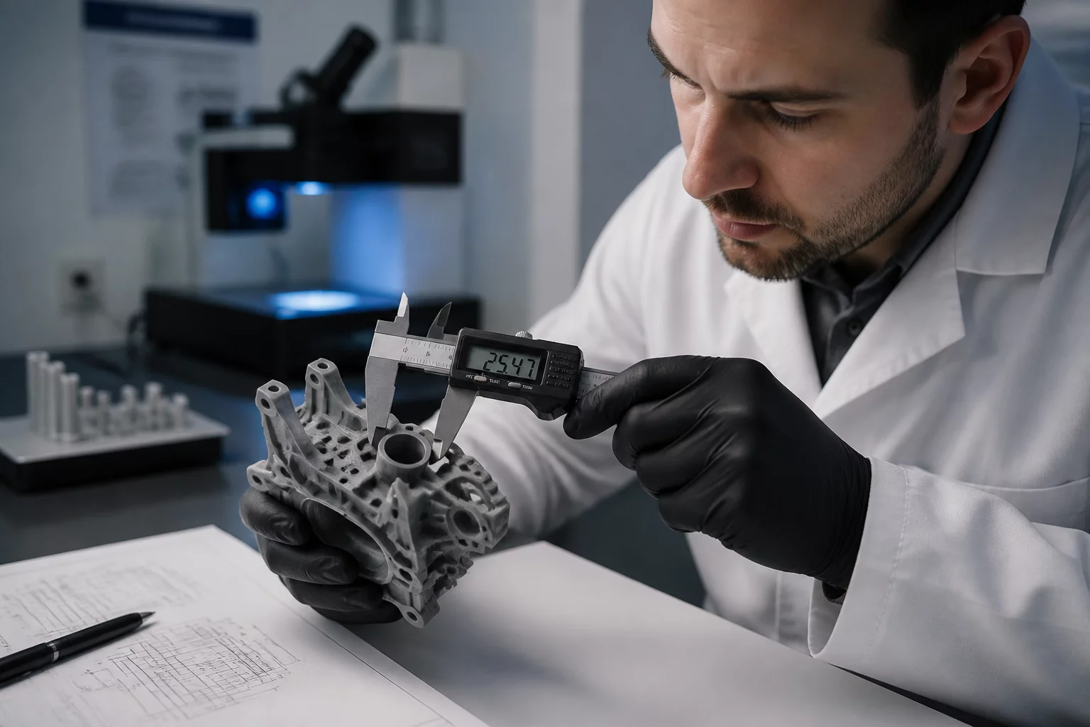 Quality control specialist inspecting resin part